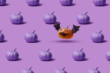 Pattern purple, Halloween pumpkins, faceless and with an evil face and bat wings