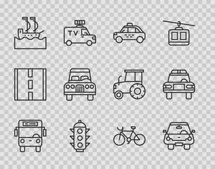 Set line Bus, Car, Taxi car, Traffic light, Sailboat, Bicycle and Police and flasher icon. Vector