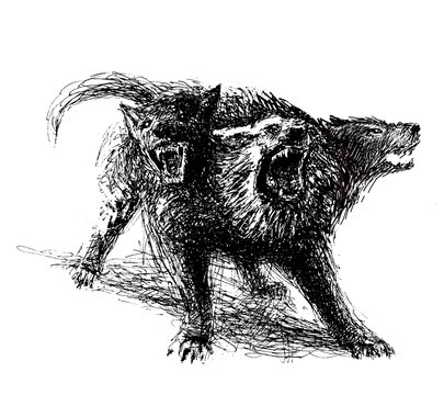 Mythical three-headed cerberus dog. Black and white expressive illustration made with a feather. 