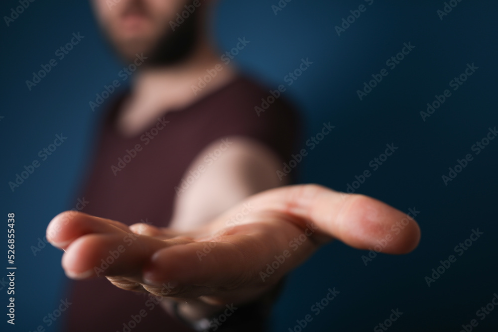 Poster open hand young man clean