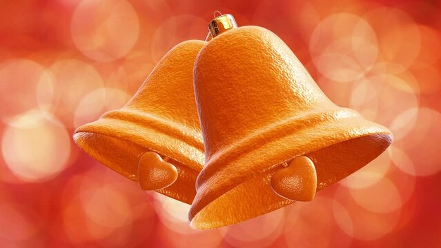 Realistic looping 3D animation of two swinging stylish orange peel Love Christmas bells against beautiful shining orange bokeh rendered in UHD