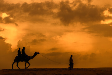 Camel guide at sunset in Thar desert, Jaisalmer (Rajasthan, India)