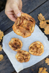 holds in hand a rustic traditional french biscuit cake with apples in autumn style, top view