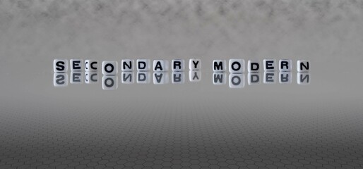 secondary modern word or concept represented by black and white letter cubes on a grey horizon...