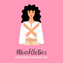 Fototapeta na wymiar Break the bias. Beautiful woman crossed her arms. International Women's Day banner. Gesture of refusal and prohibition. Movement against stereotypes, discrimination, inequality. Vector illustration