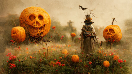 Halloween greeting card with pumkins and mysterious trees, dark and scary night in autumn,...