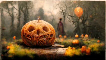 Halloween greeting card with pumkins and mysterious trees, dark and scary night in autumn, illustration
