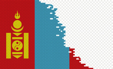 Mongolia flag on broken brick wall. Empty flag field of another country. Country comparison. Easy editing and vector in groups.