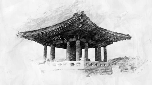 Cinemagraph of Korean temple in sketching style
