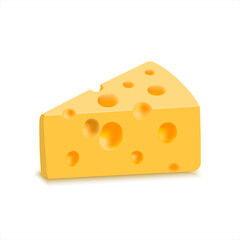 Emmental hard cheese slice, triangular piece with holes. Dairy product. Realistic 3D vector. Delicious swiss cheese. Realistic vector illustration isolated on white background