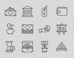 Set line Hourglass with dollar, Gold bars, Price tag, Treasure chest, Stacks paper money cash, Money plant in the pot and Chalkboard diagram icon. Vector