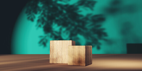 Wooden cube blocks in a room with shadow of trees - 3D render