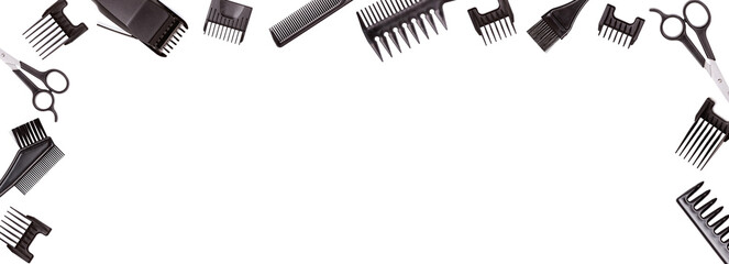 Professional hair clipper with set of nozzles of different sizes isolated on white background, banner with copy space for text. Top view