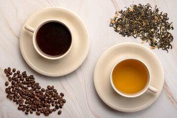 Food photography of  green tea, coffee, beans, choice
