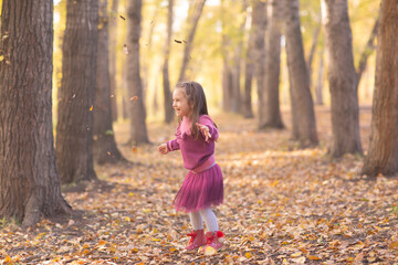 Cute little girl in autumn park with orange and yellow color leaves.