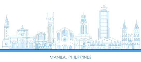 Outline Skyline panorama of city of Manila, Philippines  - vector illustration - obrazy, fototapety, plakaty