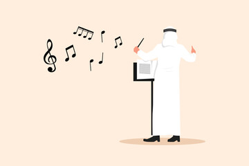 Business flat drawing back view of Arabian man conductor standing and performing on stage. Male musician directing classic instrumental symphony orchestra. Cartoon character design vector illustration