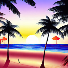 Plakat Tropical paradise island sandy beach, palm trees and sea. Flat cartoon illustration Hawaii, caribbean island vacation, hot summer day