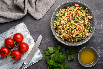 Food photography of salad tabouleh, bulgur,  parsley, mint, tomato