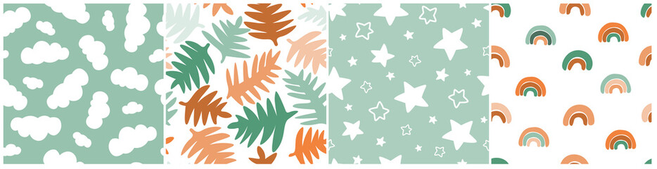 Obraz premium A set of seamless patterns with a natural children's abstract ornament. Clouds, stars in the sky, rainbow, leaves in Scandinavian style. Vector graphics.