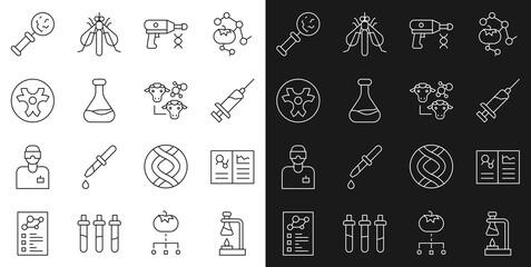 Set line Test tube flask on fire, Clinical record, Syringe, Transfer liquid gun, and, Biohazard symbol, Microorganisms under magnifier and Cloning icon. Vector