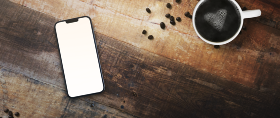 cell phone on a table with a cup of coffee transparent screen PNG - easy to modify - home office concept