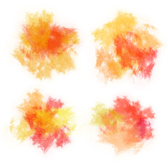 Set of 4 abstract hand-drawn  textured mixed red, yellow, orange watercolor, gouache or acrylic paint stains isolated on white background. Pack of Holi graphic design elements.  Color explosion frame.