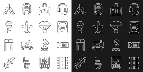 Set line Airport runway, Airline ticket, Attitude indicator, Suitcase, Plane, Hot air balloon, propeller and Box flying parachute icon. Vector