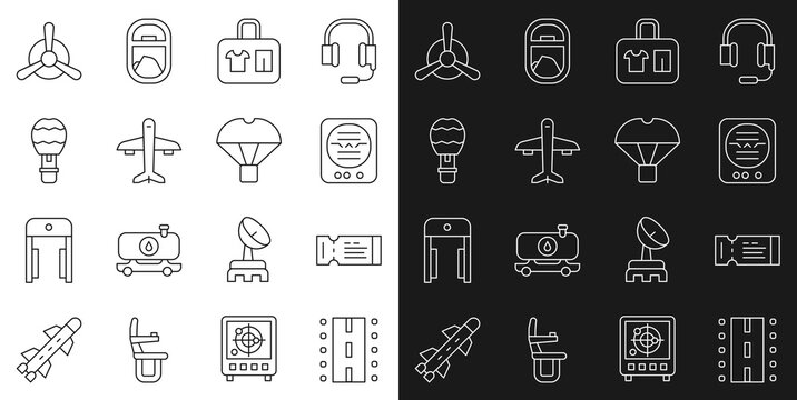 Set line Airport runway, Airline ticket, Attitude indicator, Suitcase, Plane, Hot air balloon, propeller and Box flying parachute icon. Vector © Kostiantyn
