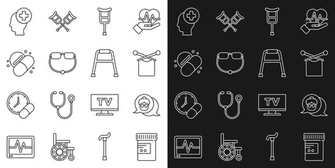 Set line Medicine bottle and pills, Grandmother, Knitting, Crutch or crutches, Eyeglasses, tablet, Male head with hospital and Walker icon. Vector