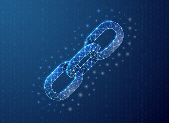 Chain polygonal symbol with binary code background. Chainlink concept design vector illustration. Blue Blockchain low poly symbol with connected dots