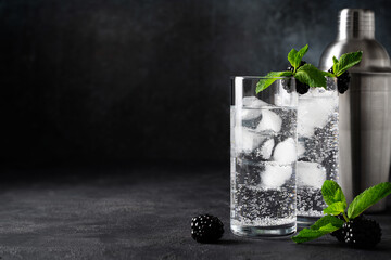 Clear cold water or alcohol drink with ice  and mint leaf on black background, copy space, close up