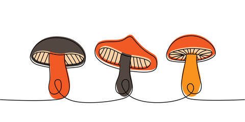 Set of Mushroom one line colored continuous drawing. Mushroom continuous one line colorful set illustration. Vector minimalist linear illustration