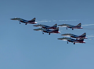 Moscow Russia Zhukovsky Airfield 31 August 2019: aerobatic team swifts MiG-29 perfoming demonstration flight of the international aerospace salon MAKS-2019