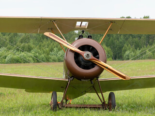 Balashikha, Moscow region, Russia - May 25, 2021: Reproduction Sopwith F1 Camel on a Chyornoe airfield at the Aviation festival Sky Theory and Practice 2021