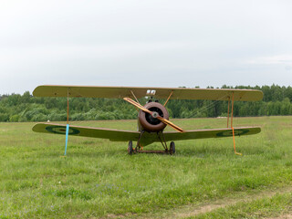 Balashikha, Moscow region, Russia - May 25, 2021: Reproduction Sopwith F1 Camel on a Chyornoe airfield at the Aviation festival Sky Theory and Practice 2021