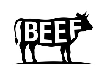 Cow black silhouette with lettering. Bull symbol. Beef silhouette. Farm animal icon isolated on white background.