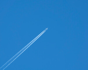 Airplane flies against a background of blue sky