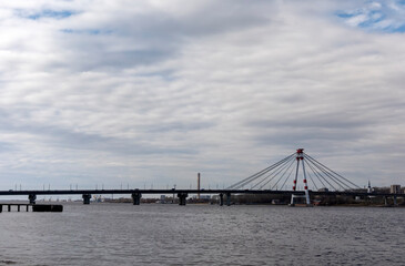 CHEREPOVETS, RUSSIA - JUNE 29, 2018: cable-stayed bridge across the river, Russia Cherepovets