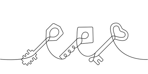 Set of Key one line continuous drawing. Home key continuous one line set illustration. Vector minimalist linear illustration