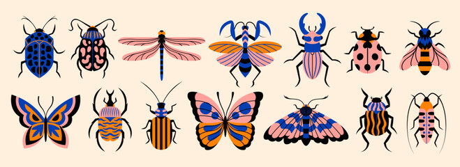 Set of insects in a colored background Vector