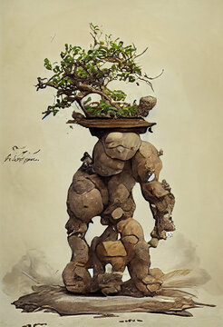 Stone Golem With Bonsai