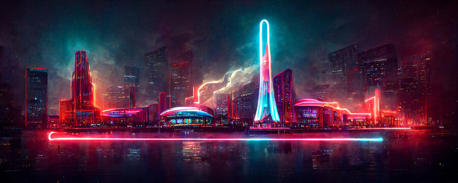 our cities that become colorful as technology develops, the periods when neon lights start to envelop all our cities, a small example of human life towards the metaverse, the colorful city skyline 