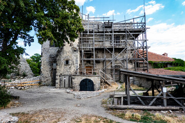 The ruins of Vinne Castle and its surroundings in the Zemplin region of Slovakia during reconstruction