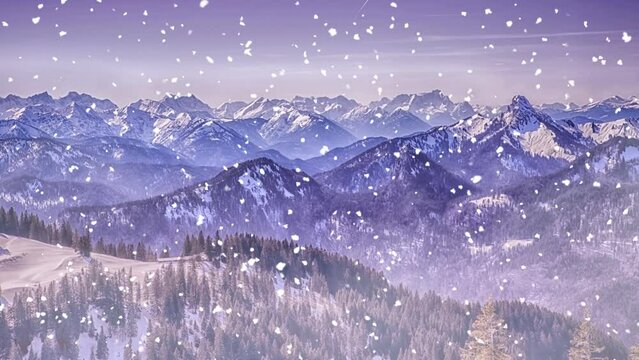 Cinemagraph of panoramic view of snowy mountains and snow
