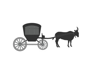 Fototapeta na wymiar Cow pulling carriage, traditional transportation silhouette nature concept