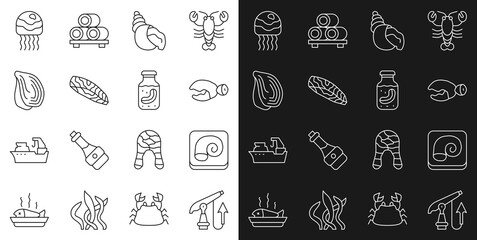 Set line Fishing harpoon, Octopus plate, Lobster or crab claw, Scallop sea shell, steak, Mussel, Jellyfish and Sea cucumber jar icon. Vector