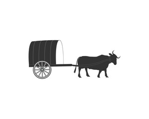Asian rural cattle pulling a wooden cart,  traditional transportation silhouette nature concept