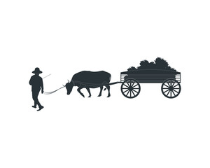 Rural man driving wooden cart by zebu bull. village traditional life. vector art