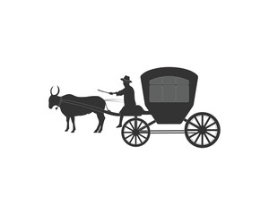 Cowboy riding cow carriage, traditional transportation silhouette nature concept